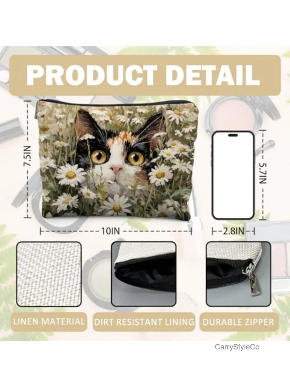 Cat Floral Makeup Bag for Women, Linen Travel Toiletry Pouch Zipper